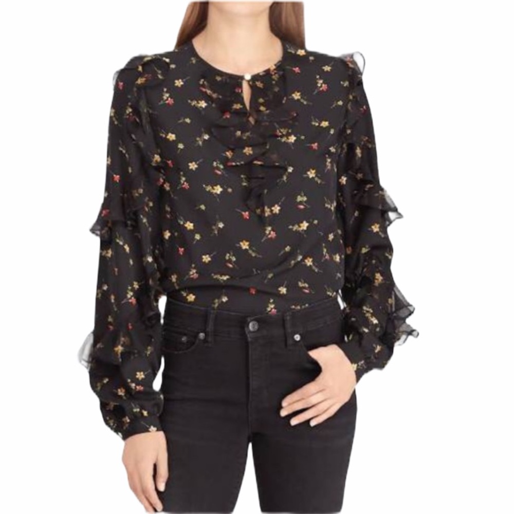 Lauren Ralph Lauren Black Floral Ruffle Blouse - Picture 1 of 8